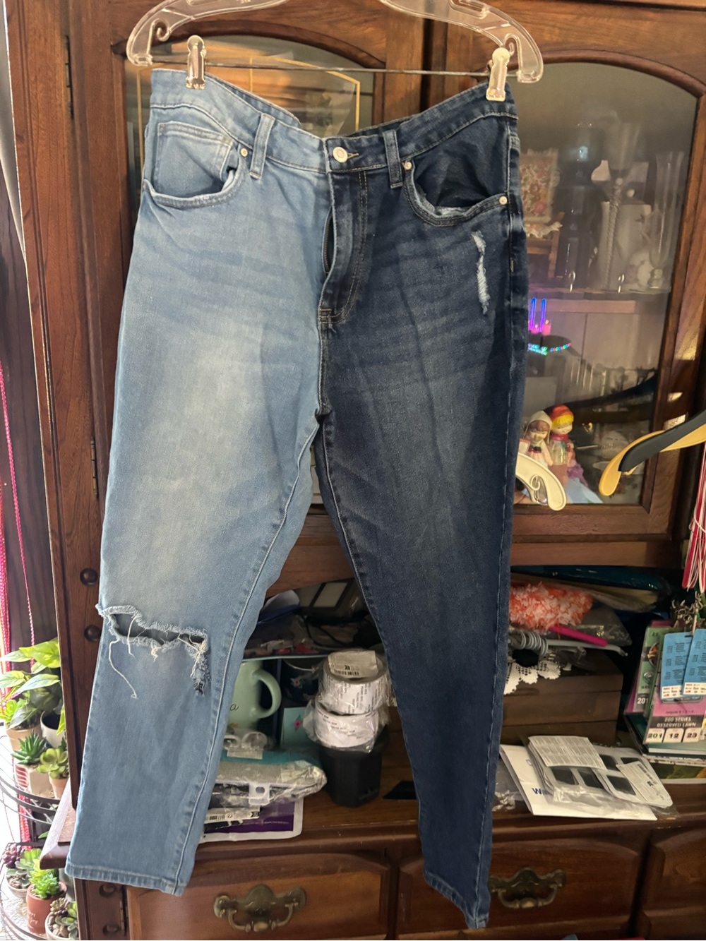 Two-Tone Blue Denim Jeans - Distressed Knee